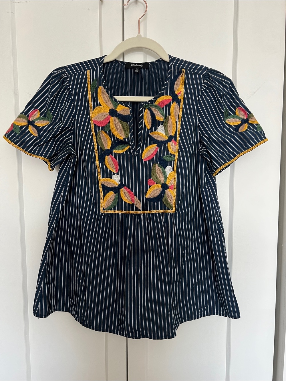 Madewell Embroidered Floral Stripe Peasant Blouse Top Navy Blue Boho XS